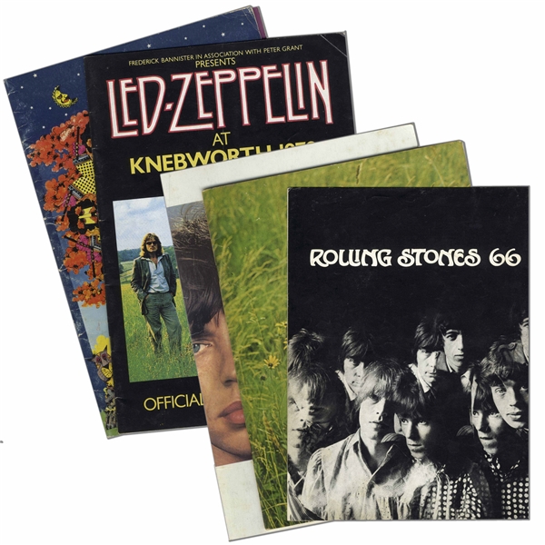 Five 1960-70s Concert Programs, Including the Woodstock Festival, the Isle of Wight Festival 1970, Rolling Stones 66, Rolling Stones Black and Blue, and Led Zeppelin at Knebworth 1979